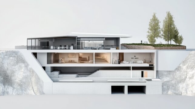 residential cutaway model, contemporary house structure, split level visualization, modern living quarters, minimalist interior design, functional storage basement, white exterior architecture,