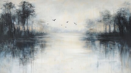 Fototapeta premium Serene landscape painting of a tranquil lake reflecting trees and flying birds at dawn or dusk.