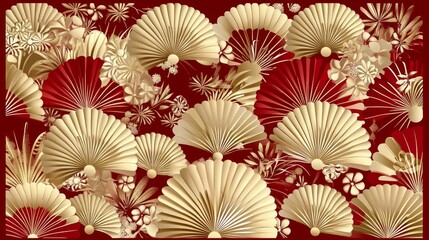 Golden Fans and Red Floral Design Background