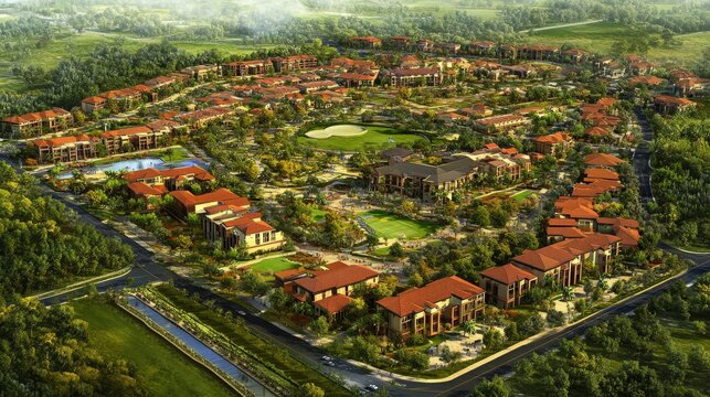 suburban aerial photography, planned residential grid, organized street layout, abundant green spaces, terracotta roof mosaic, urban development pattern, systematic neighborhood planning, structured