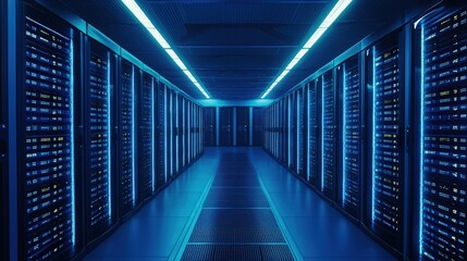 Fototapeta premium Modern Data Center Server Room Corridor Blue Light Technology