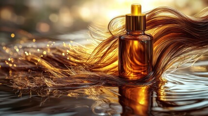 Fototapeta premium Golden hair oil bottle, shimmering water, sunset