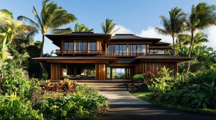 traditional asian dwelling, distressed wood siding, elevated floor design, wild garden foreground, tropical foliage backdrop, rural architectural style, natural aging texture, roadside location