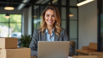 smiling businesswoman owner sitting at desk surreounded with parcel box , online business concept