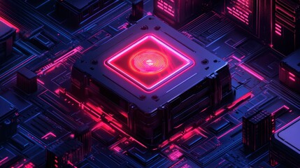 Fototapeta premium Glowing CPU core, circuit board, futuristic tech, digital background, data processing