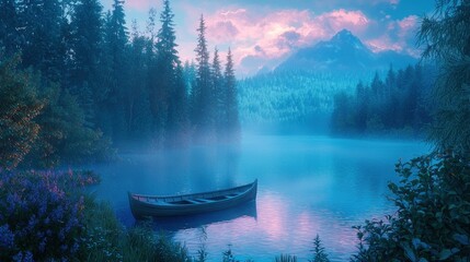 Obraz premium Serene sunrise over misty mountain lake with boat.