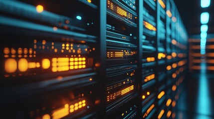Naklejka premium Server Room Technology Network Data Center Digital Infrastructure Orange Blue Lights