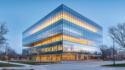 Obraz premium Modern glass office building at dusk. (2)
