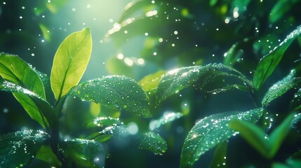 Dew Drops Glisten on Lush Green Leaves in Sunlight