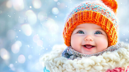 Sweet-Smiling American Baby Girl in Knitted Hat, Resting in Pastel Basket.