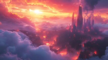 Fototapeta premium Sunset fiery cloud city fantasy artwork