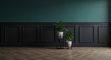 Two potted plants against a dark wall background