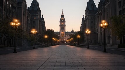 Naklejka premium Serene early morning view of a historic city hall with glowing street lamps and empty plaza