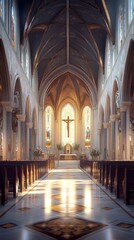 Sunlit church interior, peaceful scene.
