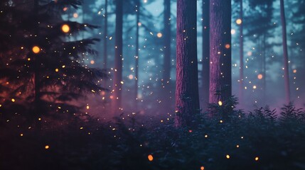 Enchanted Forest at Twilight with Magical Fireflies illuminating the scene, fantasy vibe