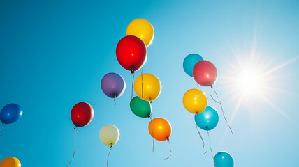 青空へと舞い上がるカラフルな風船 &ndash; 希望と自由の象徴