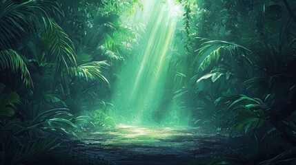 Fototapeta premium Sunbeams illuminate a lush, mysterious jungle path.