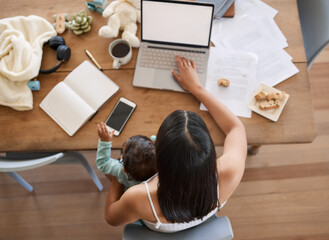 Freelance, baby and woman with laptop with screen, child care and article research for publication. Remote work, kid and editor by above for multitask, news story and motherhood with mockup at home