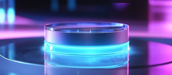 Illuminated glass cylinder on reflective surface.