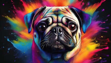 Playful Pug Amidst a Vibrant, Eclectic Rainbow Paint Explosion Patterned Wallpaper, Creating a Whimsical and Artistic Ambiance for Home Decor or Digital Art.