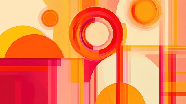 Abstract geometric art with orange, red, and yellow circles and rectangles.
