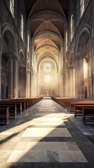 Obraz premium Sunlit cathedral nave, serene and grand.