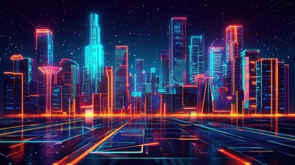 Fototapeta premium Futuristic Neon Cityscape with Vibrant Lights and Night Sky
