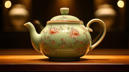 Green floral teapot on wooden shelf, warm lit background, ideal for tea culture or still life