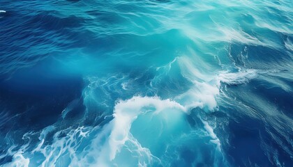 Stunning Turquoise Ocean Waves Crashing on Shore, Showcasing a Pure Blue Texture of the Sea with Foam and White Crests, Capturing the Majestic Power of Natures Water Element.