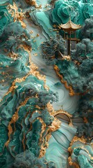 Naklejka premium Blue and gold marble pavilions and trees poster background