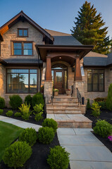 Luxury Home Exterior: Modern Stone House with Landscaped Garden and Walkway