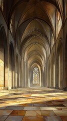 Fototapeta premium Sunlit cathedral hallway, stone floor