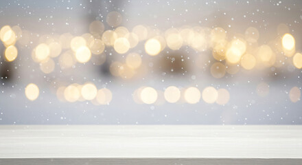 Winter bokeh and wooden table background