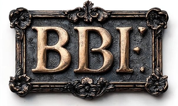 A decorative plaque featuring the letters "BBI" in a stylized font, framed by ornate details.