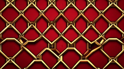 Fototapeta premium Golden Geometric Grid on Red Background Abstract Design