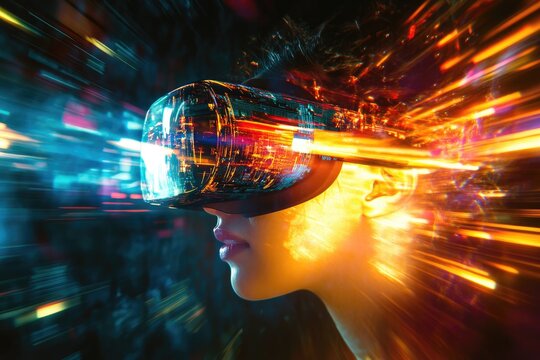 Woman exploring virtual reality, futuristic light trails, digital explosion background - Powered by Adobe
