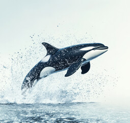 Fototapeta premium majestic orca whale leaps out of water, creating splash. scene captures beauty and grace of marine life in serene ocean environment