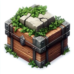 Enchanted Wooden Chest with Stone and Plants: A Fantasy Game Asset