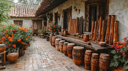 Courtyard drums workshop, handcrafted percussion instruments, floral garden background, artisan craft