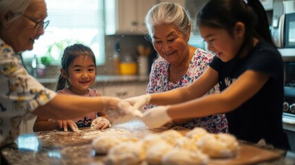 Grandmother and Granddaughter Enjoy Baking Together in Cozy Kitchen