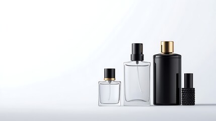 A minimalist product shot showcases three perfume bottles—a small clear glass bottle, a larger clear glass bottle with a spray top, and a black rectangular bottle with a gold top—alongside a smaller 