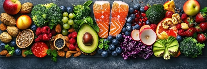 Colorful assortment of healthy foods, vibrant fruits and vegetables, fresh salmon fillets, nuts and seeds, antioxidant-rich berries, Mediterranean diet ingredients, rainbow of produce, nutritious supe