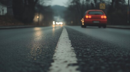 A low-angle view of a wet road with a red car driving, surrounded by blurred lights and trees