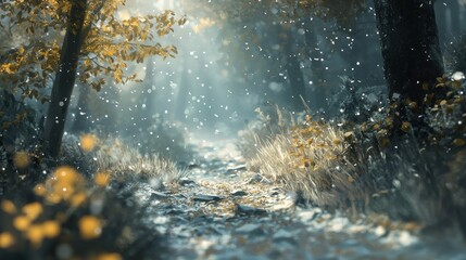 Sunlit path through snowy autumn forest.