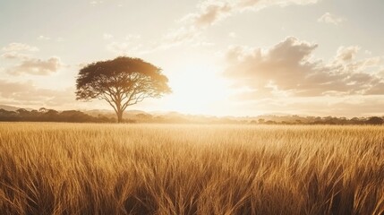 Fototapeta premium Golden Grasslands Sunset with Lone Acacia Tree