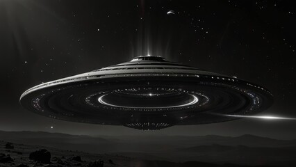 A massive, futuristic UFO hovers in deep space, illuminated by glowing lights beneath its metallic structure