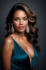 Fototapeta premium A beautiful Black woman with long, wavy brown hair styled in loose curls.
