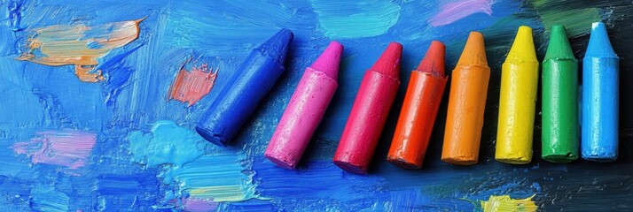 Colorful art supplies, vibrant colored pencils, paintbrushes, paint splatter, blue canvas background, artistic workspace, creative mess, art studio setup, saturated colors, close-up view, textured sur