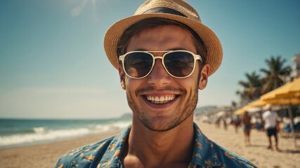 Smiling man enjoying a sunny beach day, wearing a straw hat and sunglasses. Pure summer vibes!