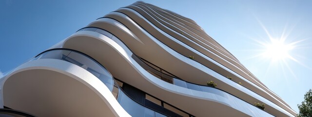 A striking modern building showcases its unique curved facade and expansive glass windows. Sunlight reflects off the exterior, highlighting its contemporary design and urban environment. Generative AI